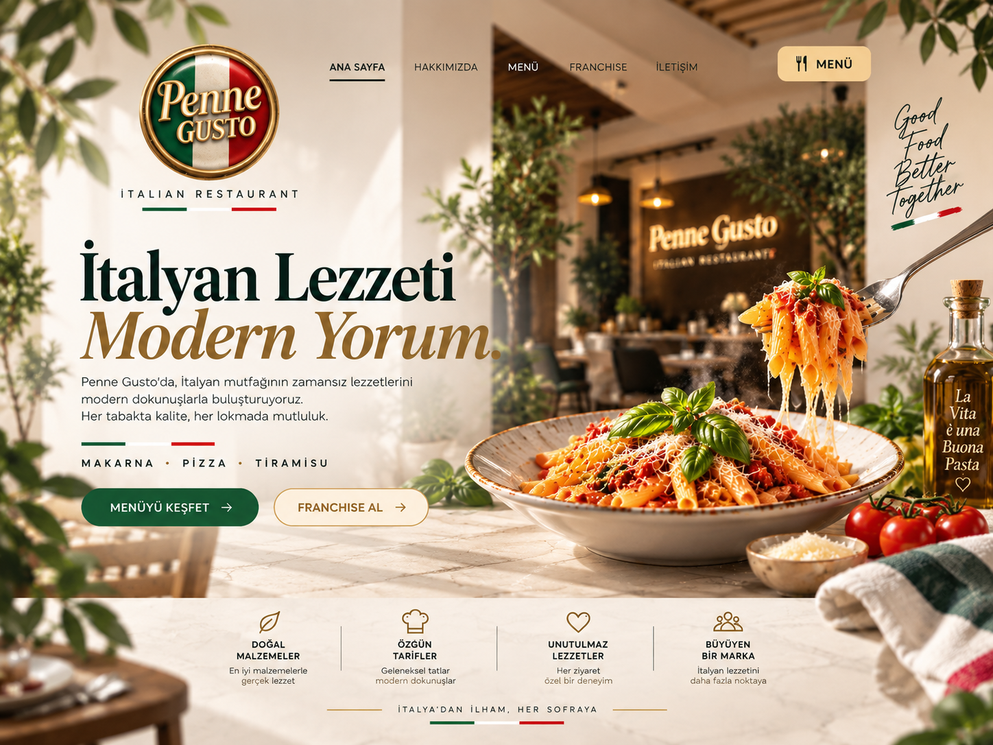 Penne Gusto İtalyan restoranı - makarna, pizza ve tiramisu